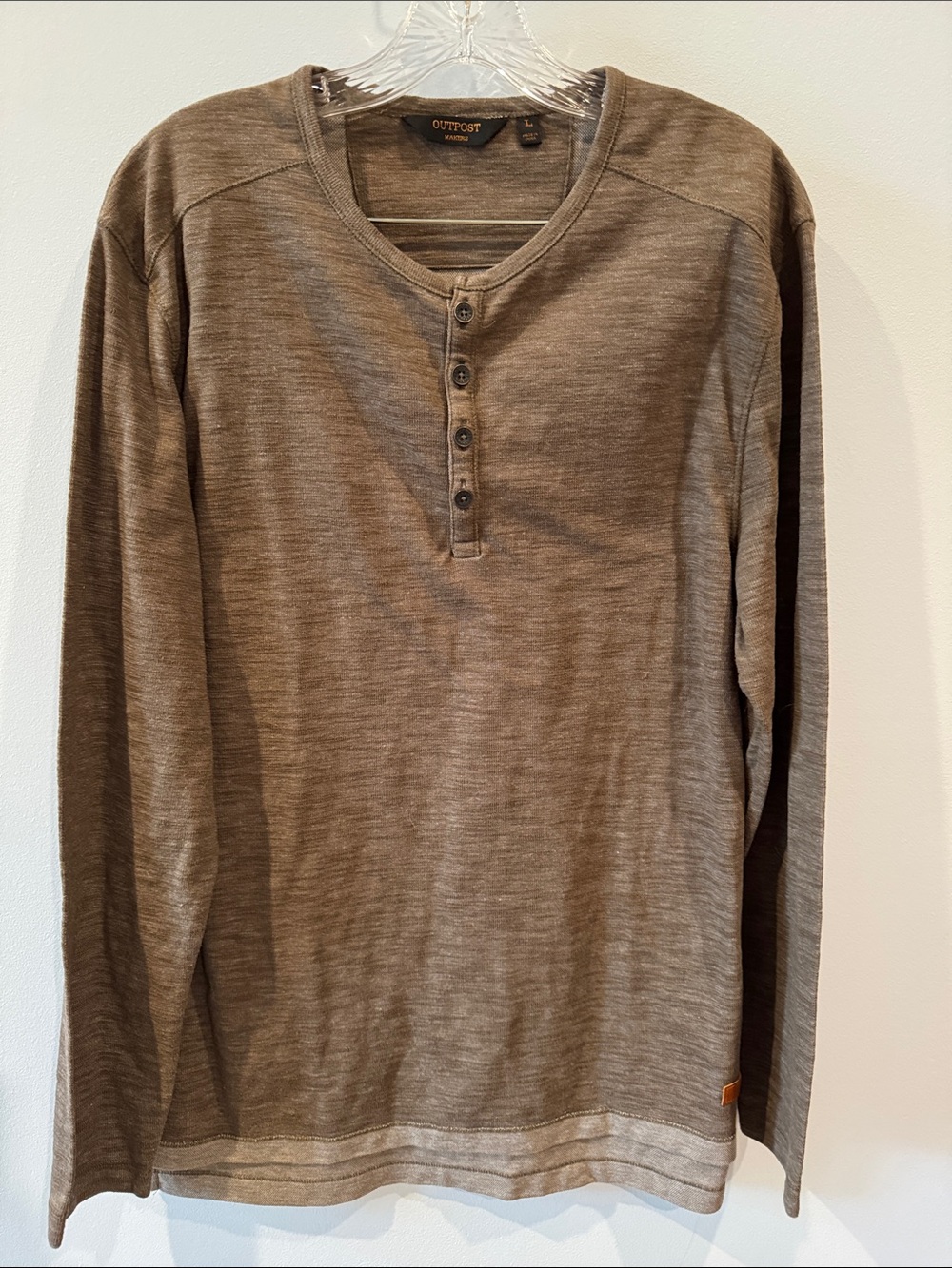Outpost Makers Men's L/S Henley marled brown knit with multi-button placket.